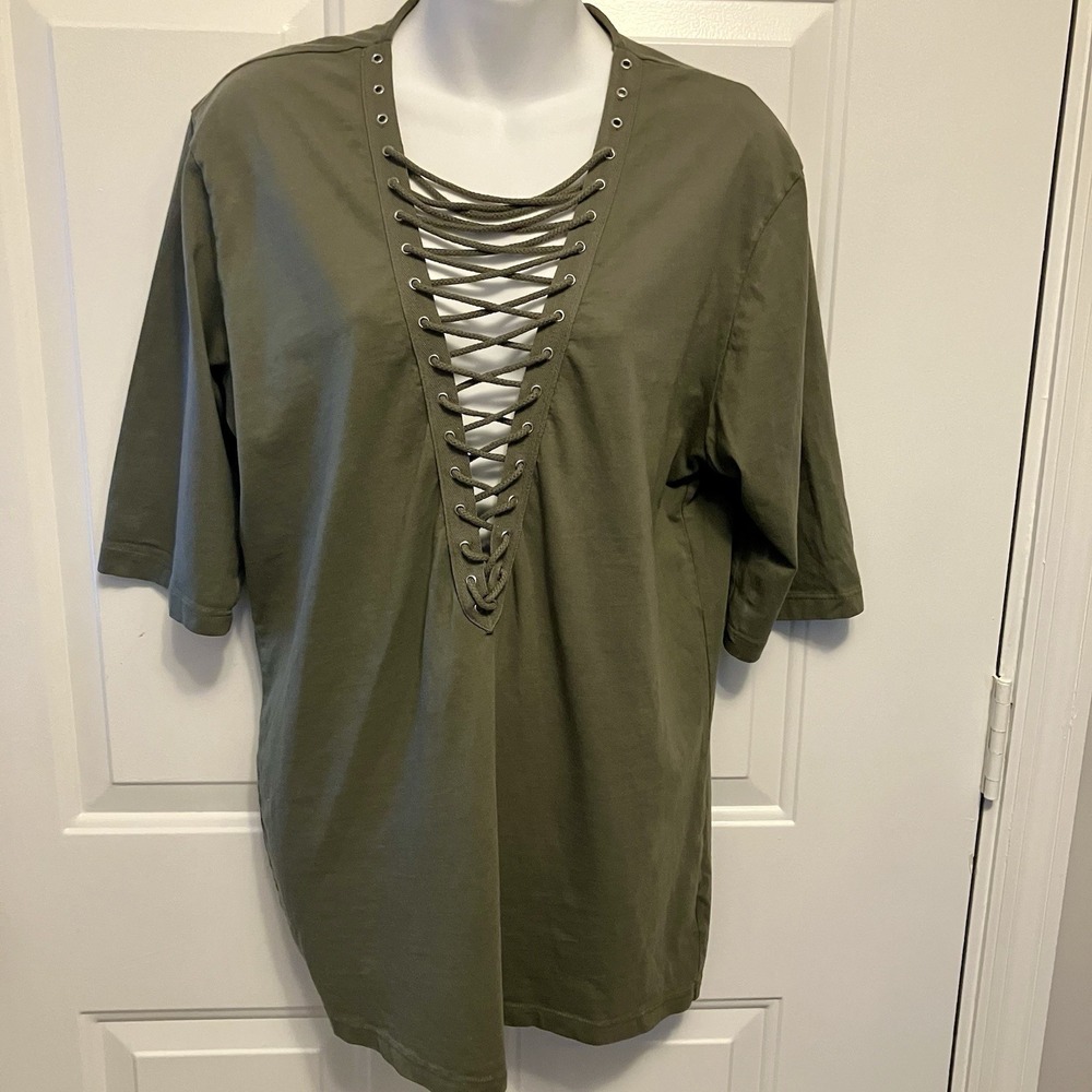 Emma & Sam Size XS Olive Green Lace Up Shirt Women's 3/4 Sleeve Women's Boho